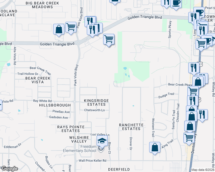 map of restaurants, bars, coffee shops, grocery stores, and more near 10357 Brunston Road in Fort Worth
