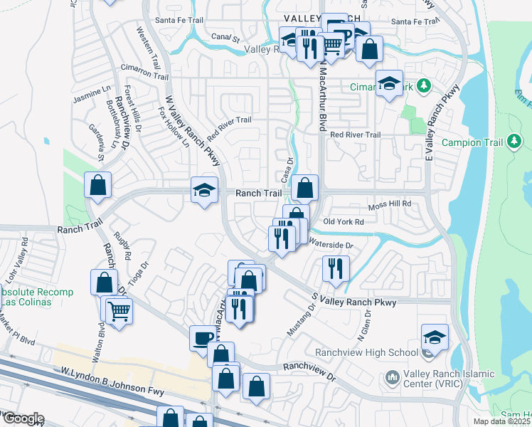 map of restaurants, bars, coffee shops, grocery stores, and more near 8605 North MacArthur Boulevard in Irving