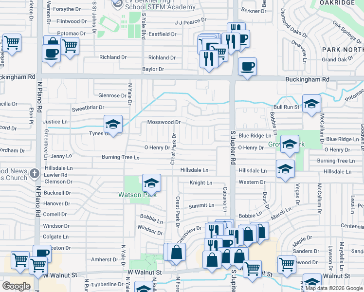map of restaurants, bars, coffee shops, grocery stores, and more near 1606 Hastings Drive in Garland