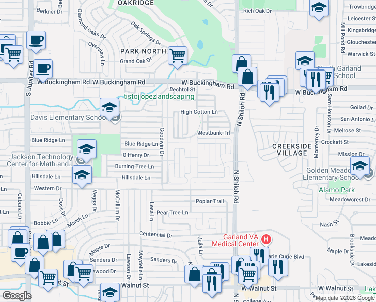 map of restaurants, bars, coffee shops, grocery stores, and more near 2642 Westbank Trail in Garland