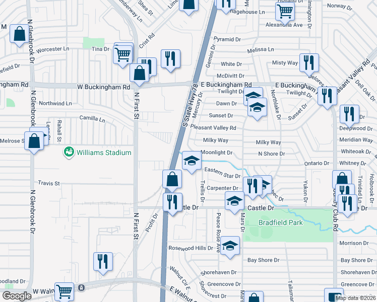 map of restaurants, bars, coffee shops, grocery stores, and more near 408 Moonlight Drive in Garland