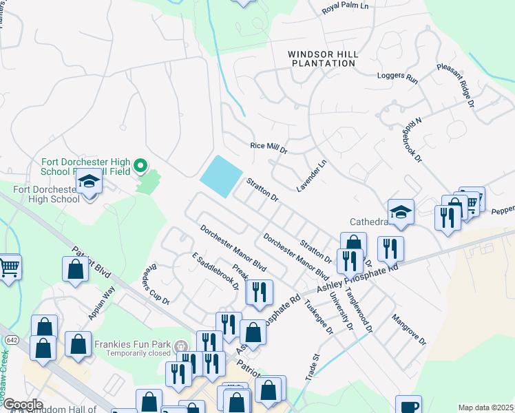 map of restaurants, bars, coffee shops, grocery stores, and more near 66 Stratton Drive in North Charleston