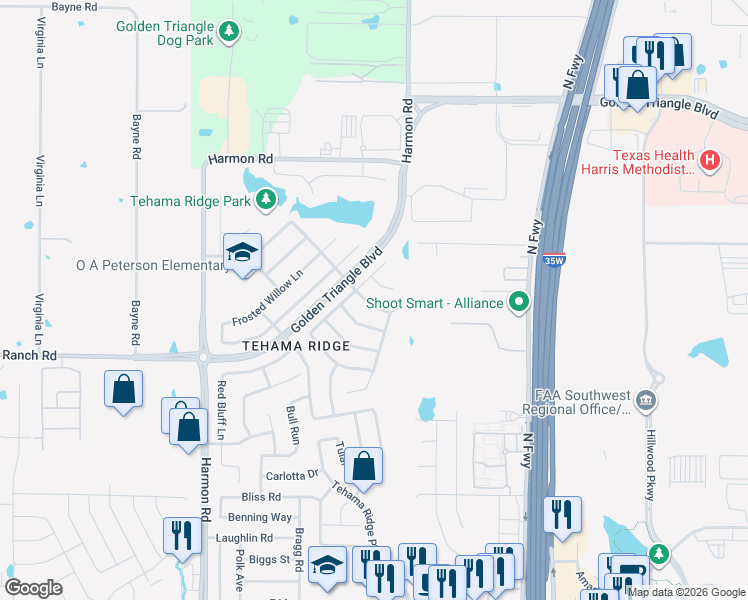 map of restaurants, bars, coffee shops, grocery stores, and more near 10432 Misty Redwood Trail in Fort Worth