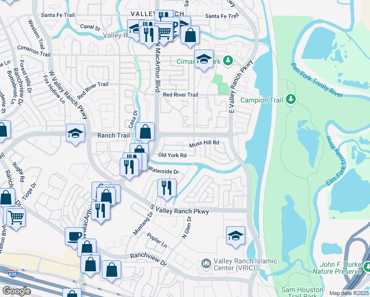 map of restaurants, bars, coffee shops, grocery stores, and more near 303 Moss Hill Road in Irving