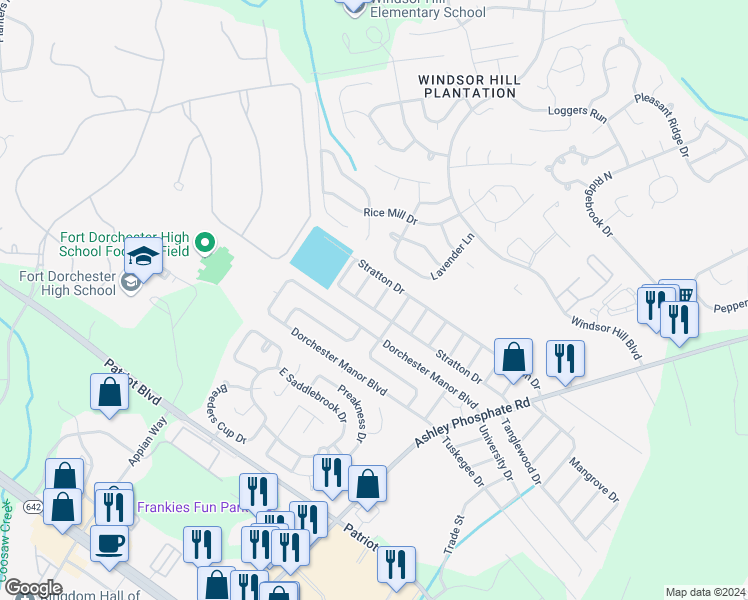 map of restaurants, bars, coffee shops, grocery stores, and more near 66 Stratton Drive in North Charleston