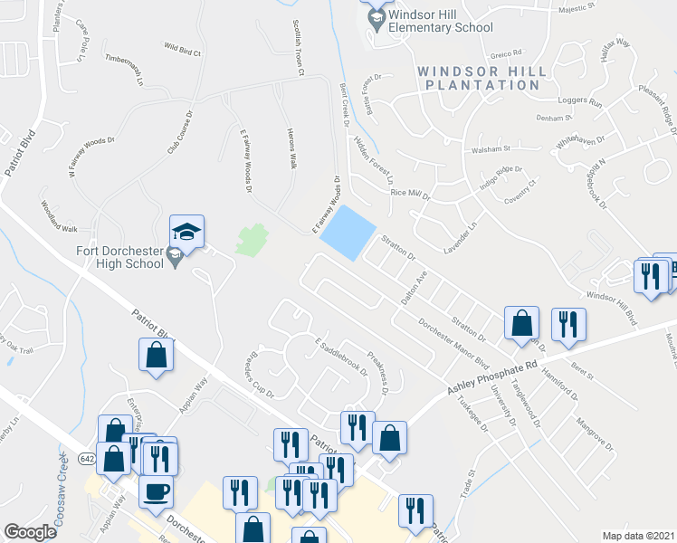 map of restaurants, bars, coffee shops, grocery stores, and more near 171 Dorchester Manor Boulevard in Charleston