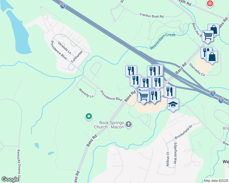 map of restaurants, bars, coffee shops, grocery stores, and more near 100 Providence Boulevard in Macon