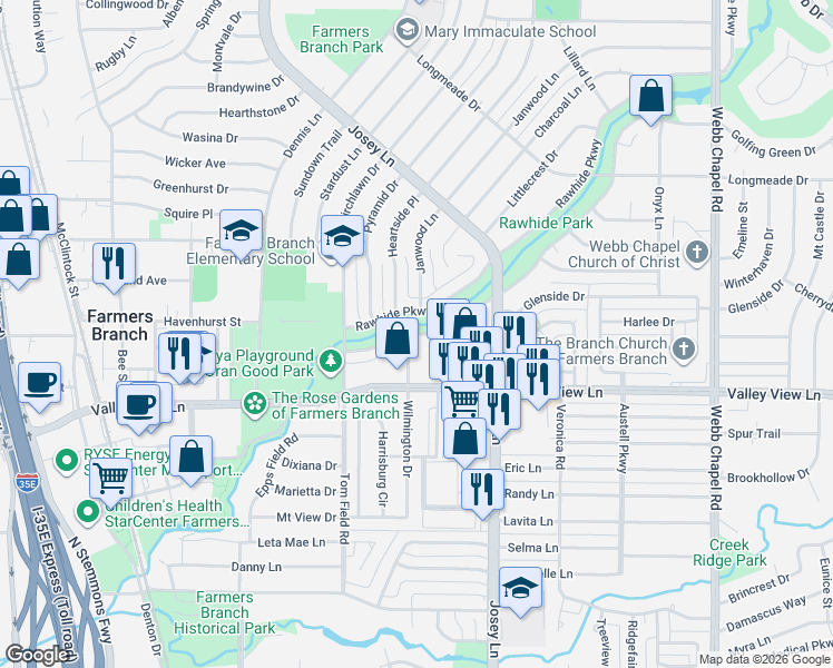 map of restaurants, bars, coffee shops, grocery stores, and more near 2740 Golfing Green Drive in Farmers Branch