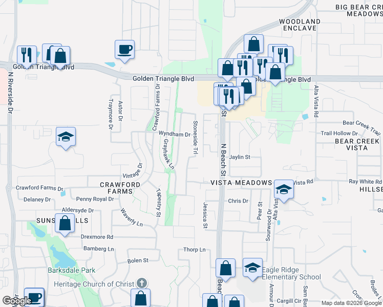 map of restaurants, bars, coffee shops, grocery stores, and more near 10516 StonesideTrail in Fort Worth