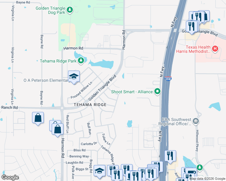 map of restaurants, bars, coffee shops, grocery stores, and more near 10432 Misty Redwood Trail in Fort Worth