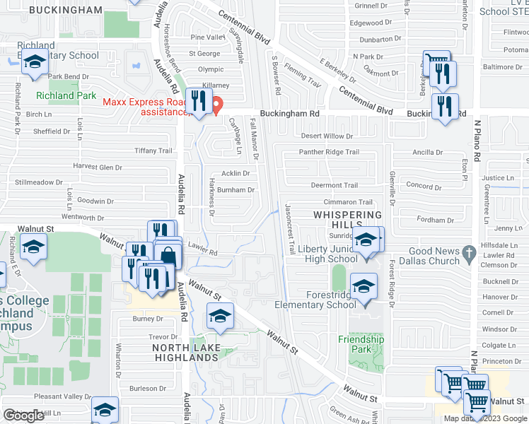 map of restaurants, bars, coffee shops, grocery stores, and more near 13060 Fall Manor Drive in Dallas