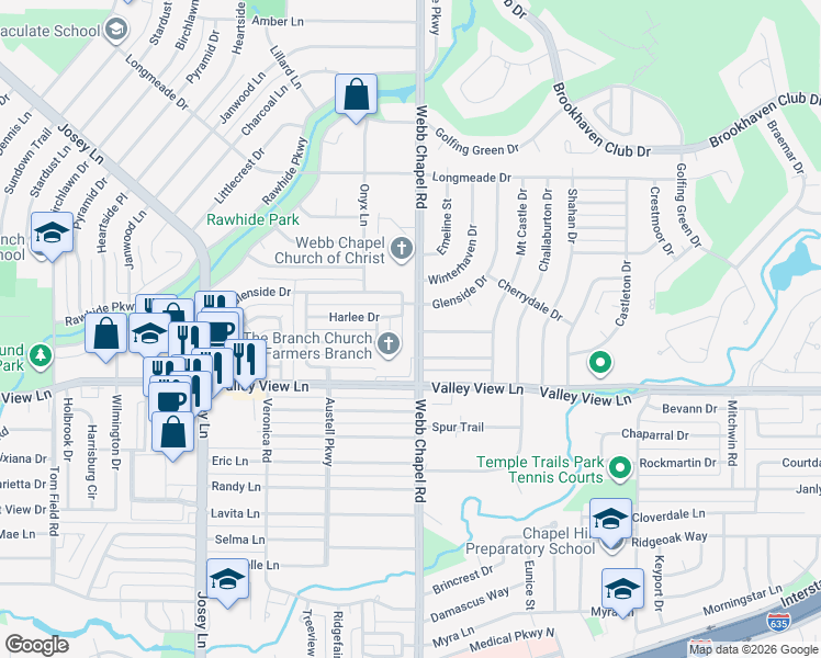 map of restaurants, bars, coffee shops, grocery stores, and more near 3105 Chatsworth Drive in Farmers Branch