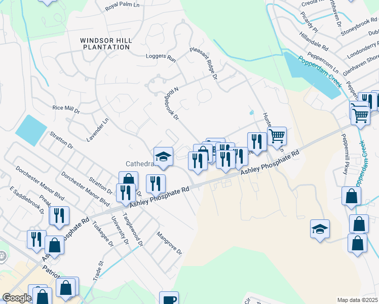 map of restaurants, bars, coffee shops, grocery stores, and more near 4060 Cedars Parkway in North Charleston