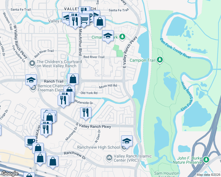map of restaurants, bars, coffee shops, grocery stores, and more near 8710 Wellington Road in Irving