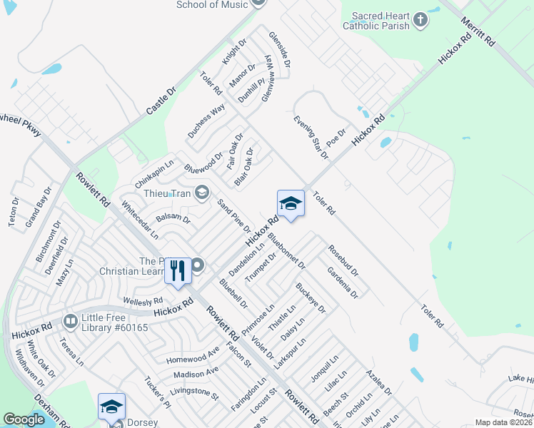 map of restaurants, bars, coffee shops, grocery stores, and more near 2709 Hickox Road in Rowlett