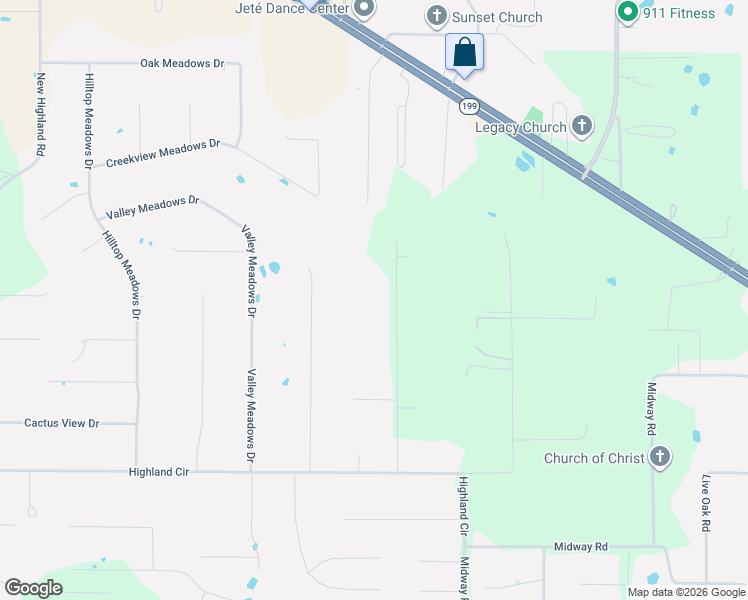 map of restaurants, bars, coffee shops, grocery stores, and more near 521 Sandy Oaks Road in Springtown