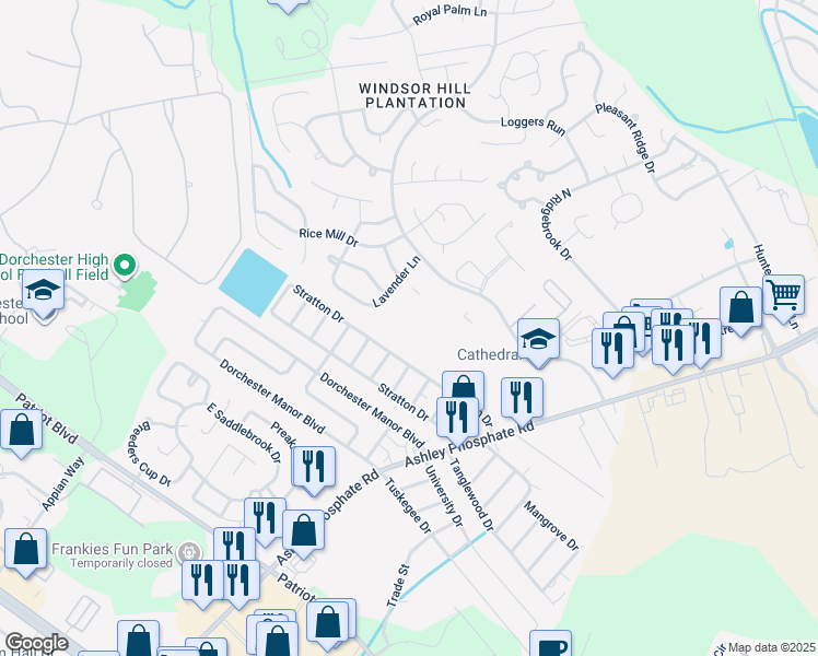map of restaurants, bars, coffee shops, grocery stores, and more near 8251 Windsor Hill Boulevard in North Charleston