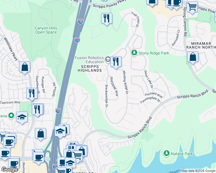 map of restaurants, bars, coffee shops, grocery stores, and more near 11484 Raedene Way in San Diego