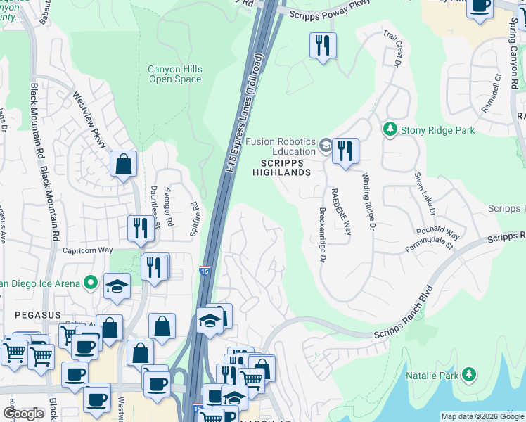 map of restaurants, bars, coffee shops, grocery stores, and more near 11405 Affinity Court in San Diego
