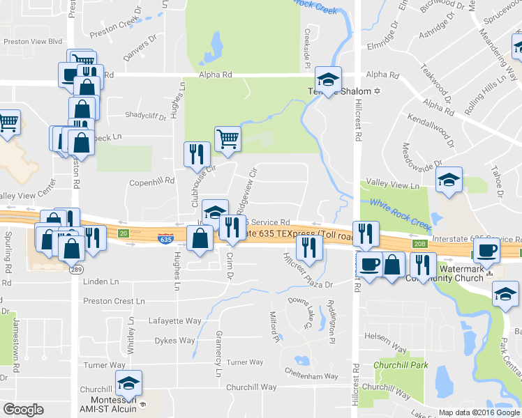 map of restaurants, bars, coffee shops, grocery stores, and more near 6524 Briarhaven Drive in Dallas