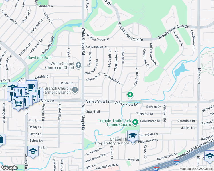 map of restaurants, bars, coffee shops, grocery stores, and more near 13312 Mount Castle Drive in Farmers Branch
