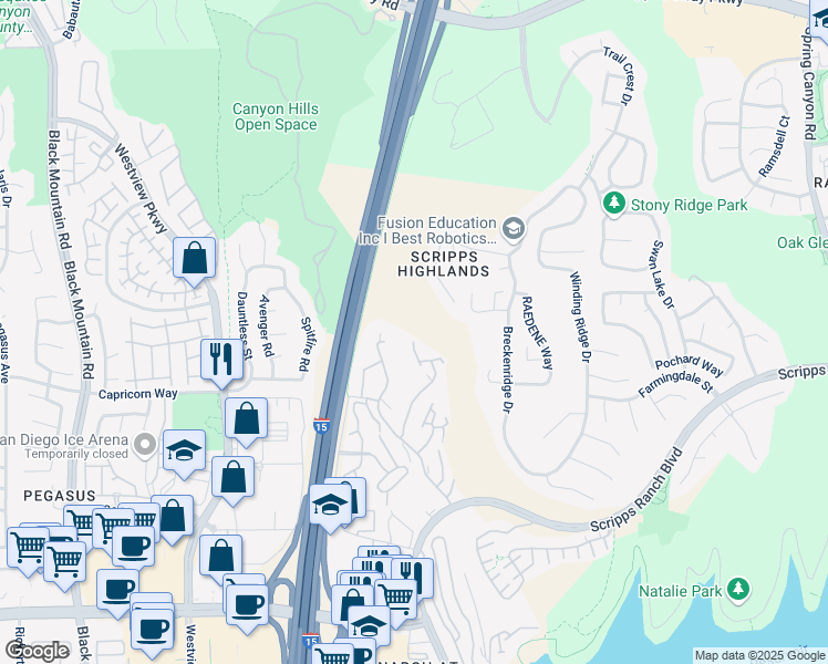 map of restaurants, bars, coffee shops, grocery stores, and more near 9980 Scripps Vista Way in San Diego