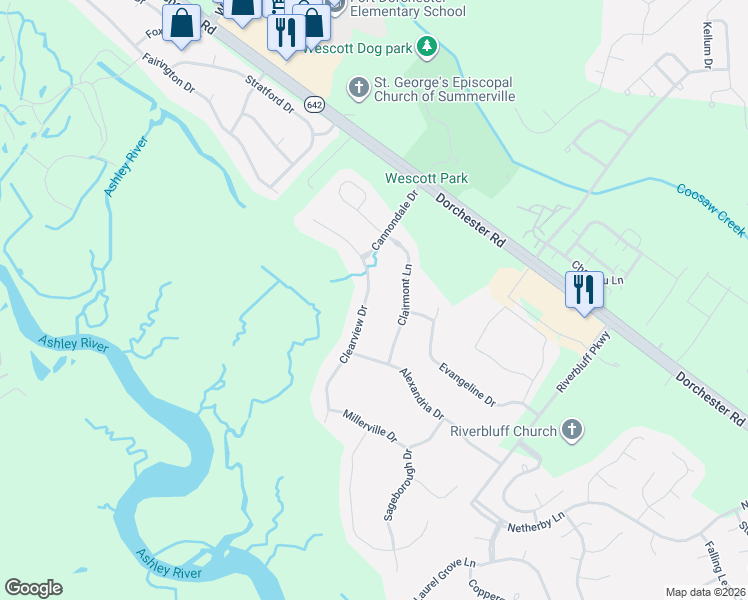 map of restaurants, bars, coffee shops, grocery stores, and more near 5468 Clearview Drive in North Charleston
