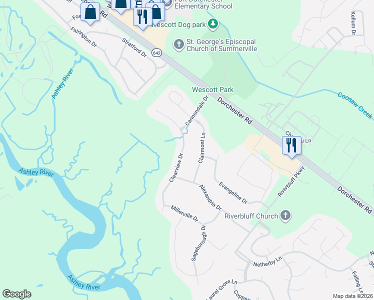 map of restaurants, bars, coffee shops, grocery stores, and more near 5468 Clearview Drive in North Charleston