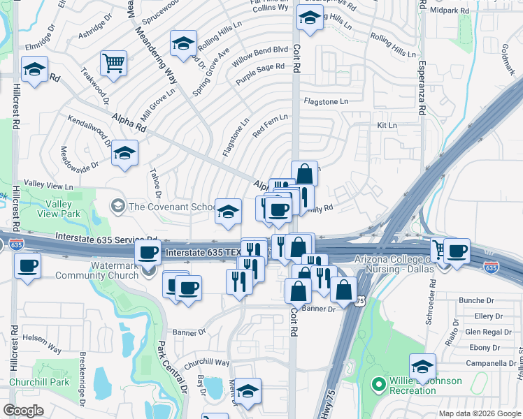 map of restaurants, bars, coffee shops, grocery stores, and more near 7800 Alpha Road in Dallas