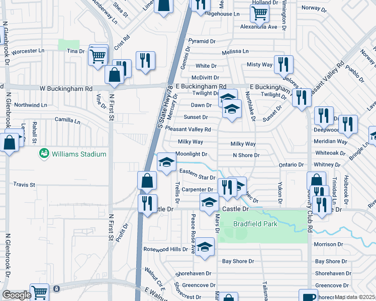 map of restaurants, bars, coffee shops, grocery stores, and more near 601 Moonlight Drive in Garland