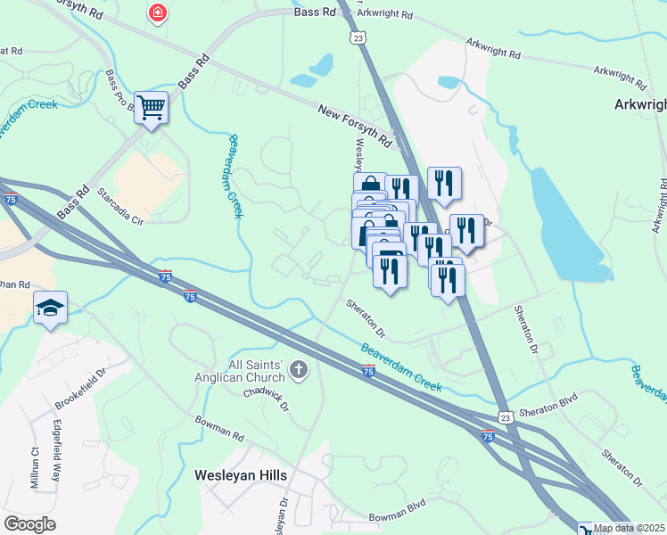 map of restaurants, bars, coffee shops, grocery stores, and more near 1814 Wesleyan Drive in Macon