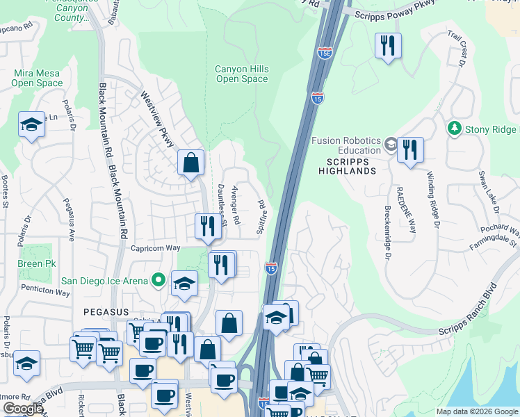 map of restaurants, bars, coffee shops, grocery stores, and more near 11397 Spitfire Road in San Diego