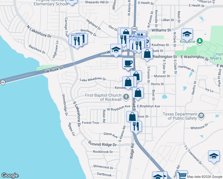 map of restaurants, bars, coffee shops, grocery stores, and more near 501 Ridgeview Drive in Rockwall