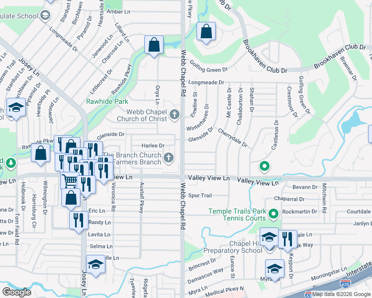 map of restaurants, bars, coffee shops, grocery stores, and more near 3105 Chatsworth Drive in Farmers Branch