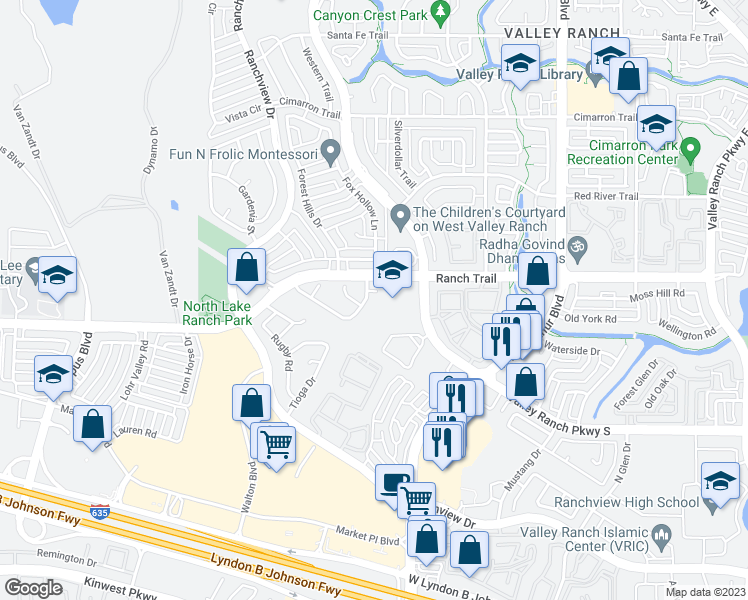 map of restaurants, bars, coffee shops, grocery stores, and more near 1006 Llano Trace in Irving