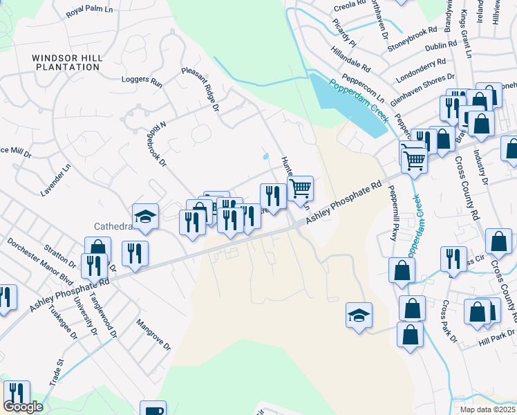 map of restaurants, bars, coffee shops, grocery stores, and more near 107 Peppertree Lane in Charleston