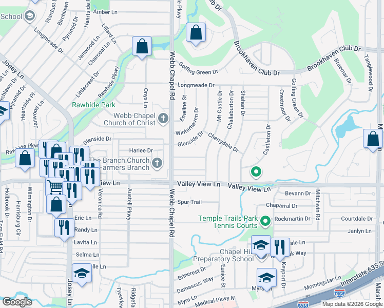 map of restaurants, bars, coffee shops, grocery stores, and more near 3139 Chatsworth Dr in Farmers Branch