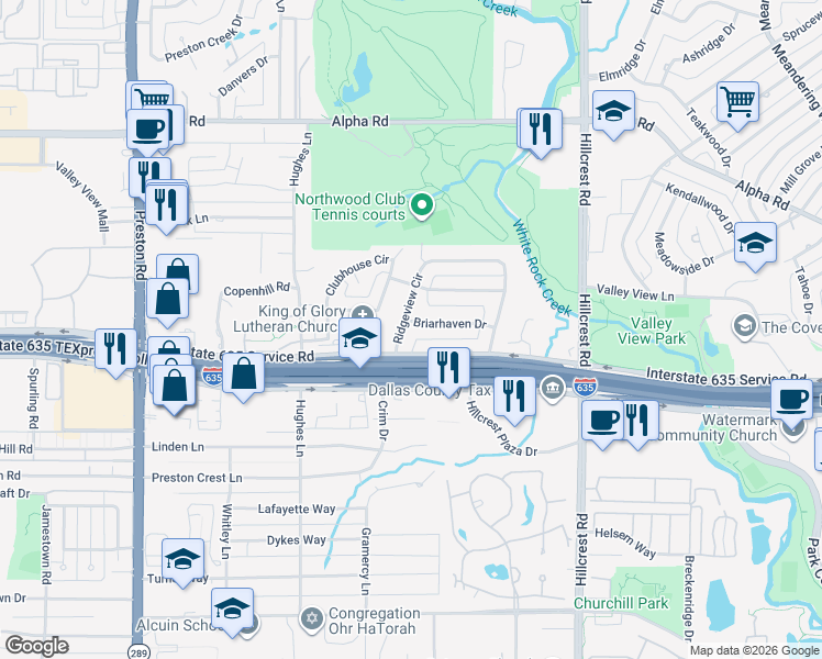 map of restaurants, bars, coffee shops, grocery stores, and more near 6523 Ridgeview Circle in Dallas