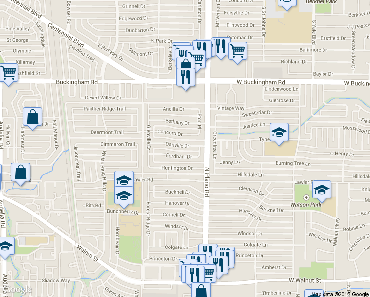 map of restaurants, bars, coffee shops, grocery stores, and more near 4602 Danville Drive in Garland