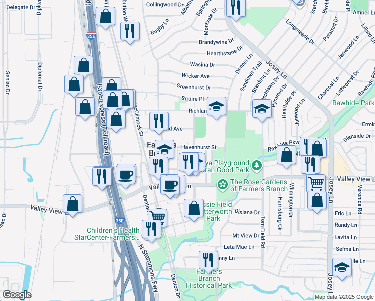 map of restaurants, bars, coffee shops, grocery stores, and more near 2538 Havenhurst Street in Farmers Branch