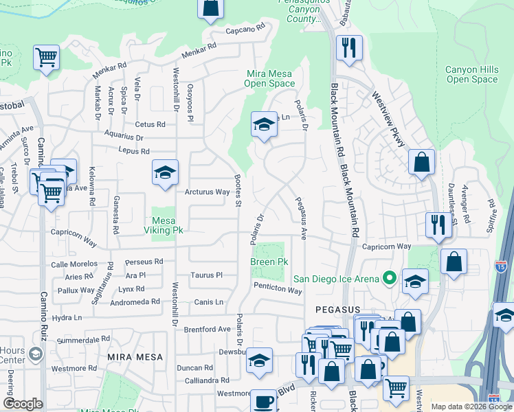 map of restaurants, bars, coffee shops, grocery stores, and more near 11295 Dalby Place in San Diego