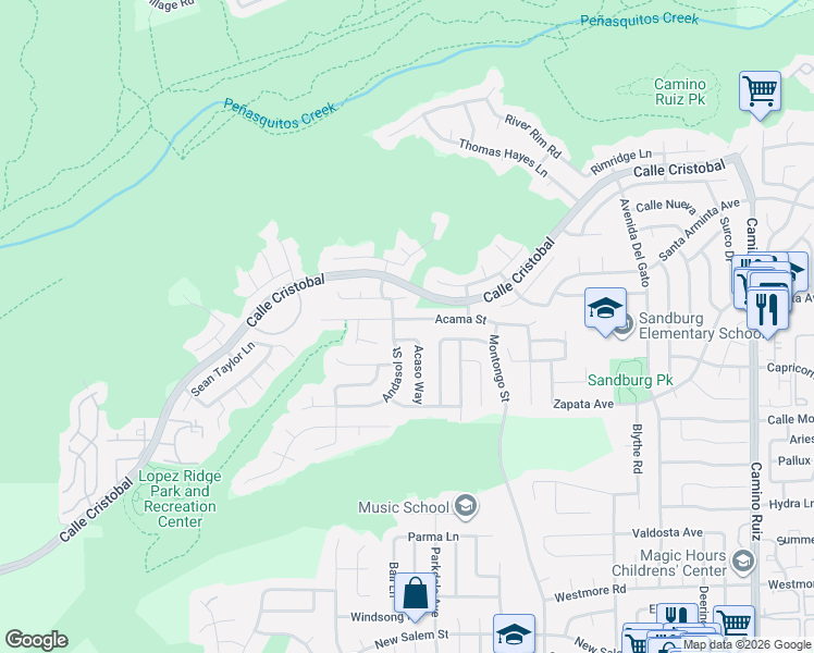 map of restaurants, bars, coffee shops, grocery stores, and more near 7637 Acama Street in San Diego