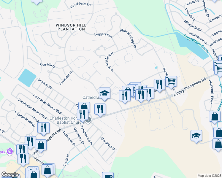 map of restaurants, bars, coffee shops, grocery stores, and more near 4079 Cedars Parkway in North Charleston