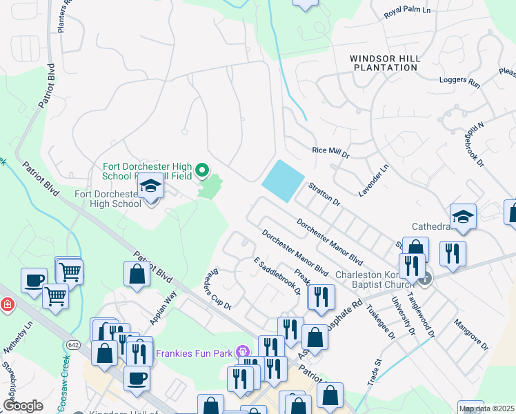 map of restaurants, bars, coffee shops, grocery stores, and more near 184 Dorchester Manor Boulevard in Charleston