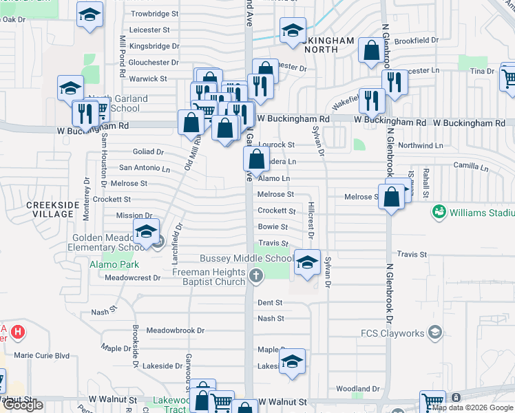 map of restaurants, bars, coffee shops, grocery stores, and more near in Garland