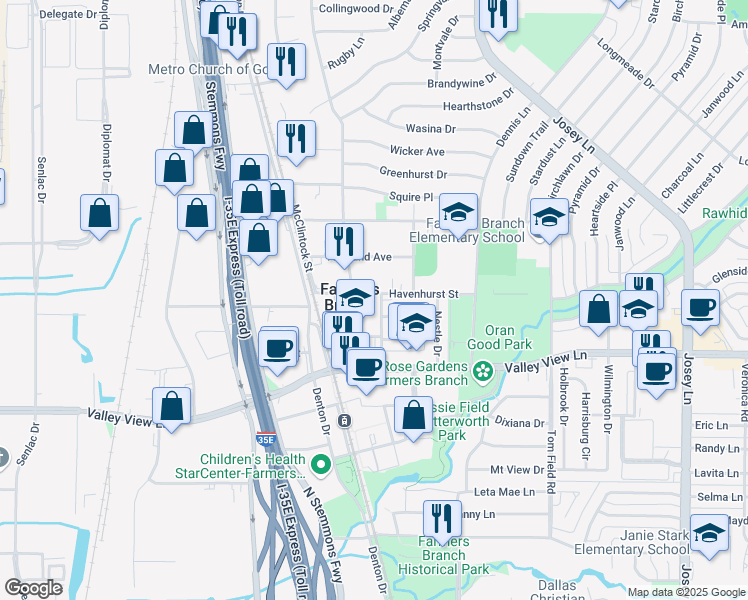 map of restaurants, bars, coffee shops, grocery stores, and more near in Farmers Branch
