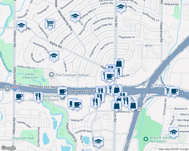 map of restaurants, bars, coffee shops, grocery stores, and more near 13109 Blossomheath Lane in Dallas