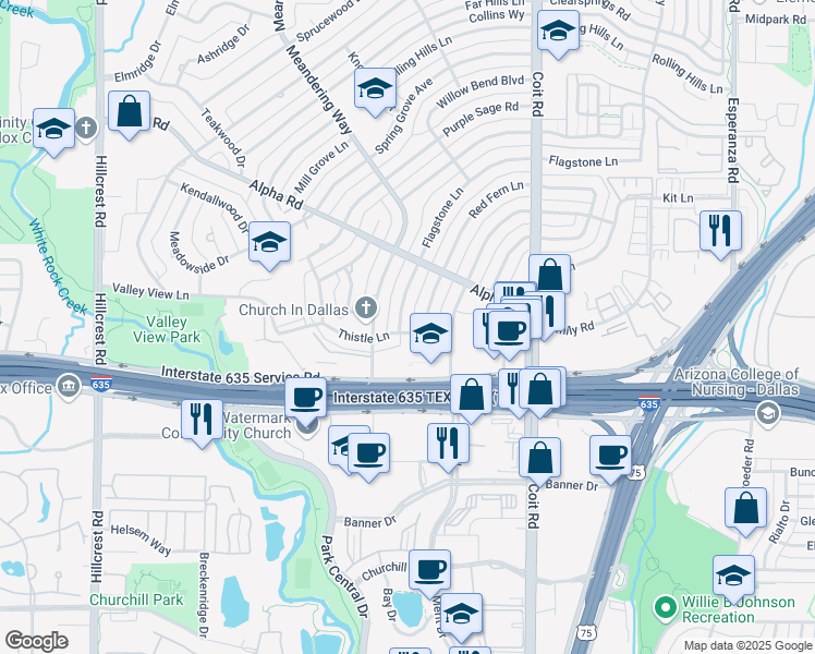 map of restaurants, bars, coffee shops, grocery stores, and more near 13106 Flagstone Lane in Dallas