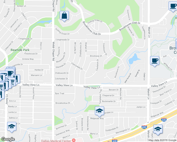 map of restaurants, bars, coffee shops, grocery stores, and more near 13306 Belfield Drive in Farmers Branch