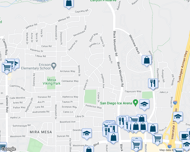 map of restaurants, bars, coffee shops, grocery stores, and more near 9063 Hatcher Lane in San Diego